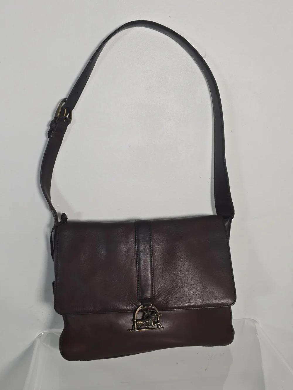 Vtg Ralph Lauren Equestrian  Leather Horse Bit Clasp Messenger Bag in Dark Brown